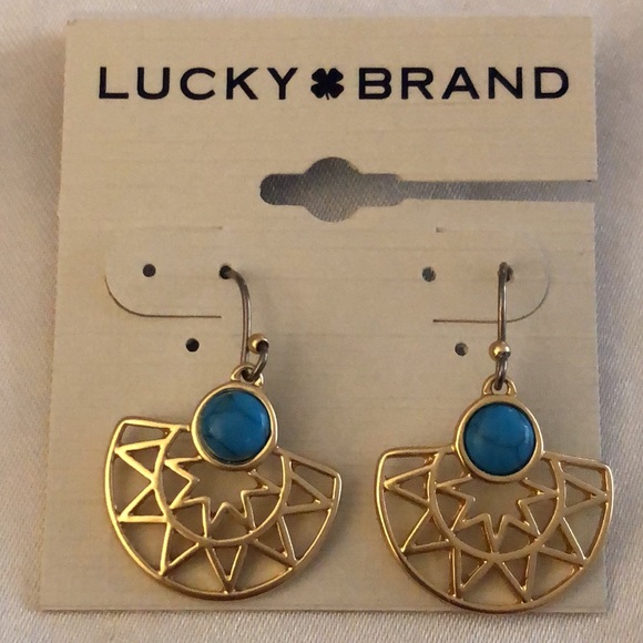 Lucky Brand Gold Tone Sun Ray Drop Earrings Turquoise Accent NWT - Picture 3 of 11